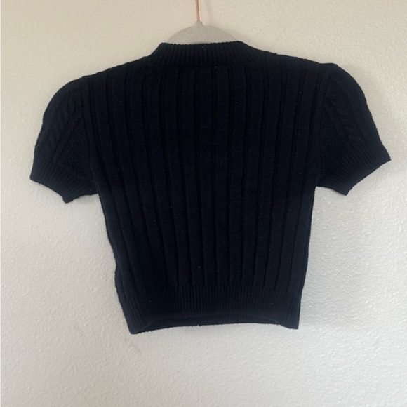 FREE PEOPLE Black Cable Knit Cropped Short Sleeve Sweater Stretch Size XS - Picture 3 of 7
